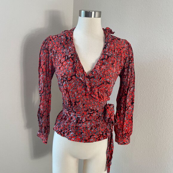 Maje Womens Small Red Gray Leopard Print Wrap Top With Ruffle Details - Picture 1 of 8